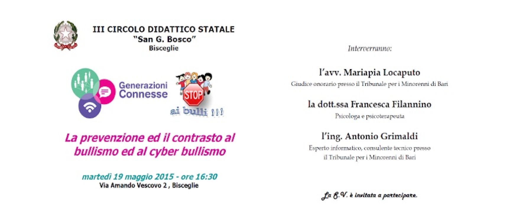 Incontro presso il III Circolo San Giovanni Bosco sul tema del cyberbullismo