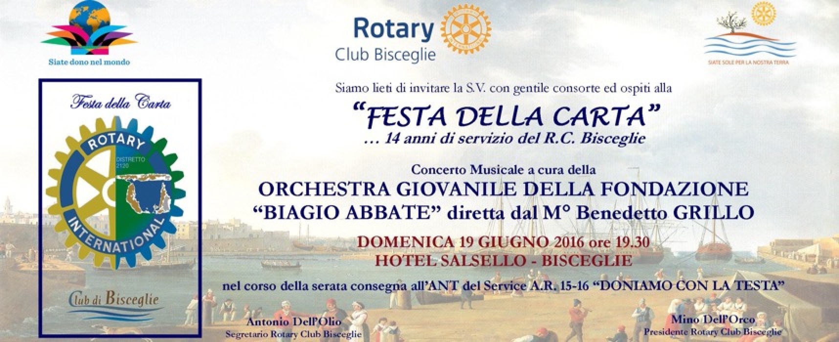 Il Rotary Club Bisceglie festeggia stasera i 14 anni con la festa della Carta