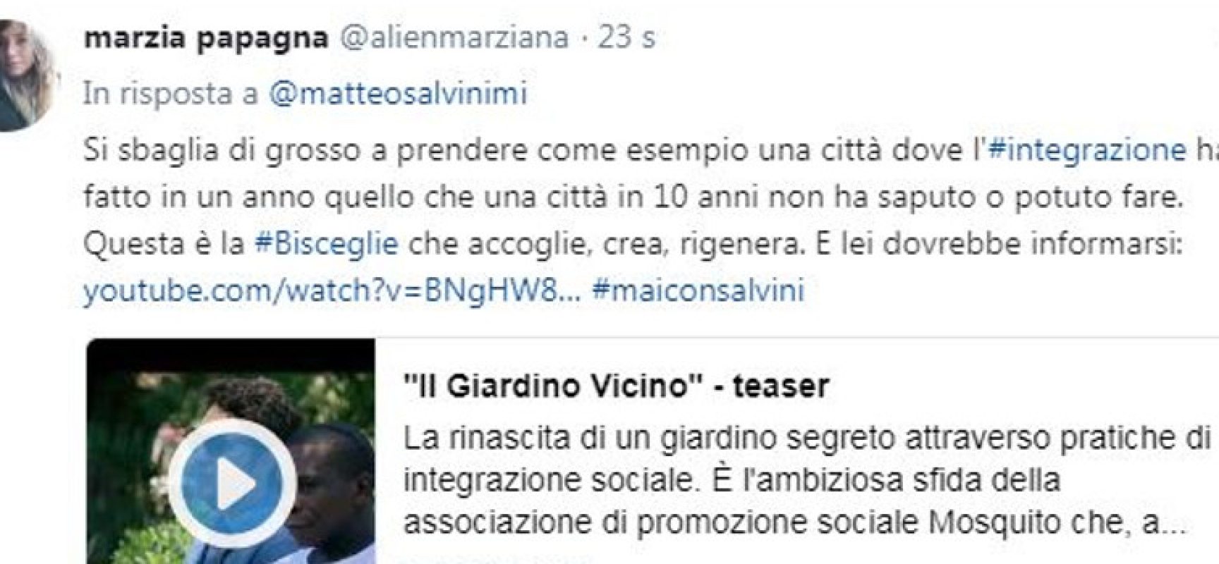 Rissa stazione, Aps Mosquito a Salvini: “Bisceglie città che accoglie, crea e rigenera”