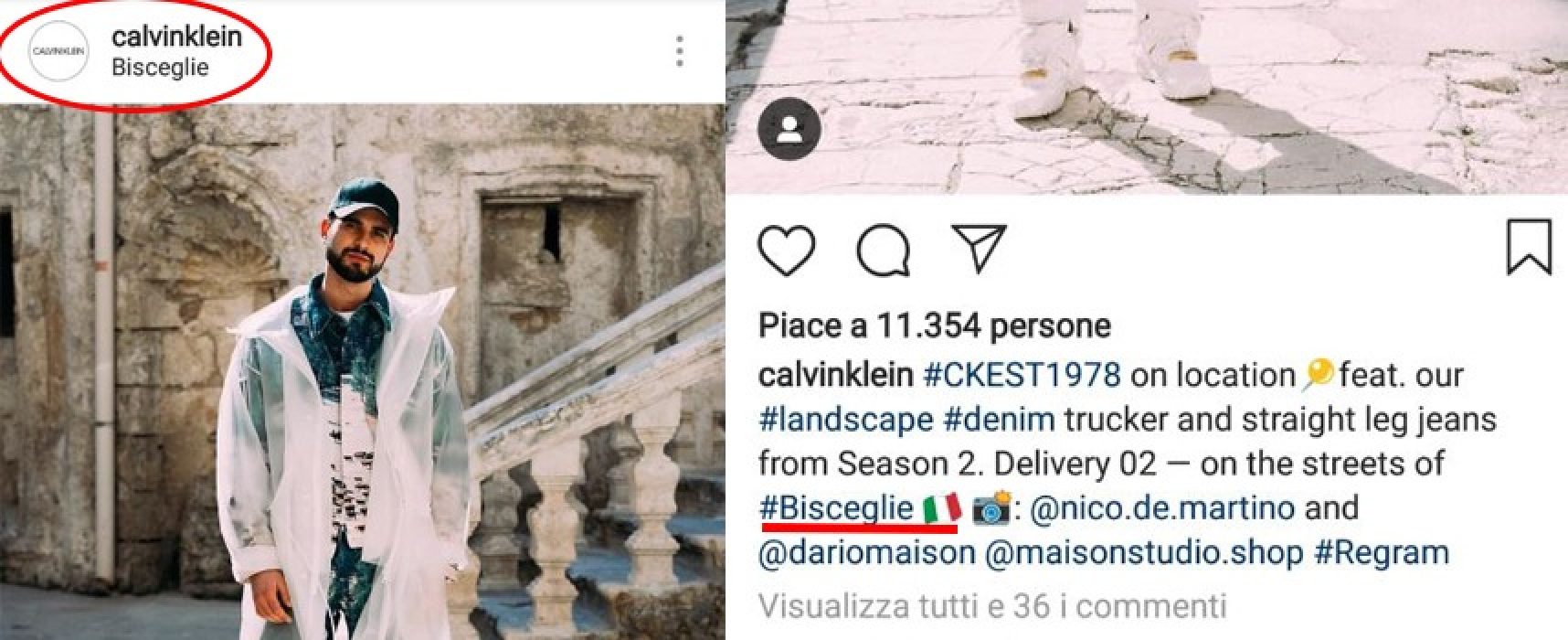 Calvin Klein cita Bisceglie sul suo profilo Instagram