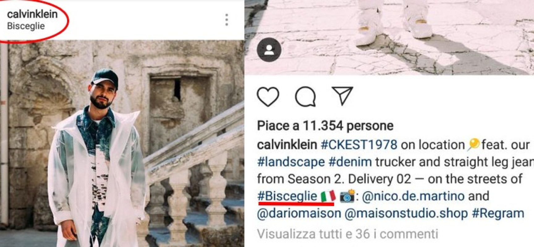 Calvin Klein cita Bisceglie sul suo profilo Instagram