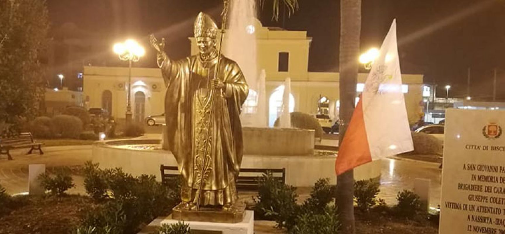 Omaggio floreale a statua Giovanni Paolo II, l’idea de Il Torrione e Bisceglie Tricolore