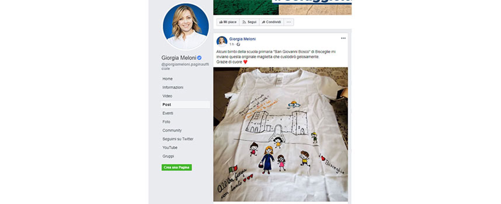 Giorgia Meloni ringrazia su Facebook alunni e docenti biscegliesi per maglia dono
