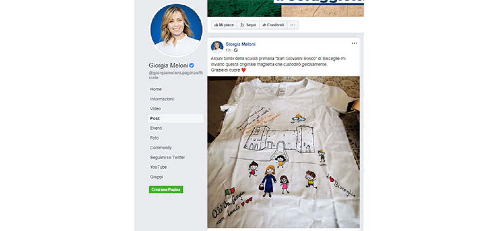 Giorgia Meloni ringrazia su Facebook alunni e docenti biscegliesi per maglia dono