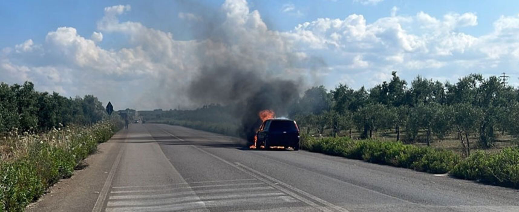 Auto in marcia prende fuoco sulla strada provinciale 85